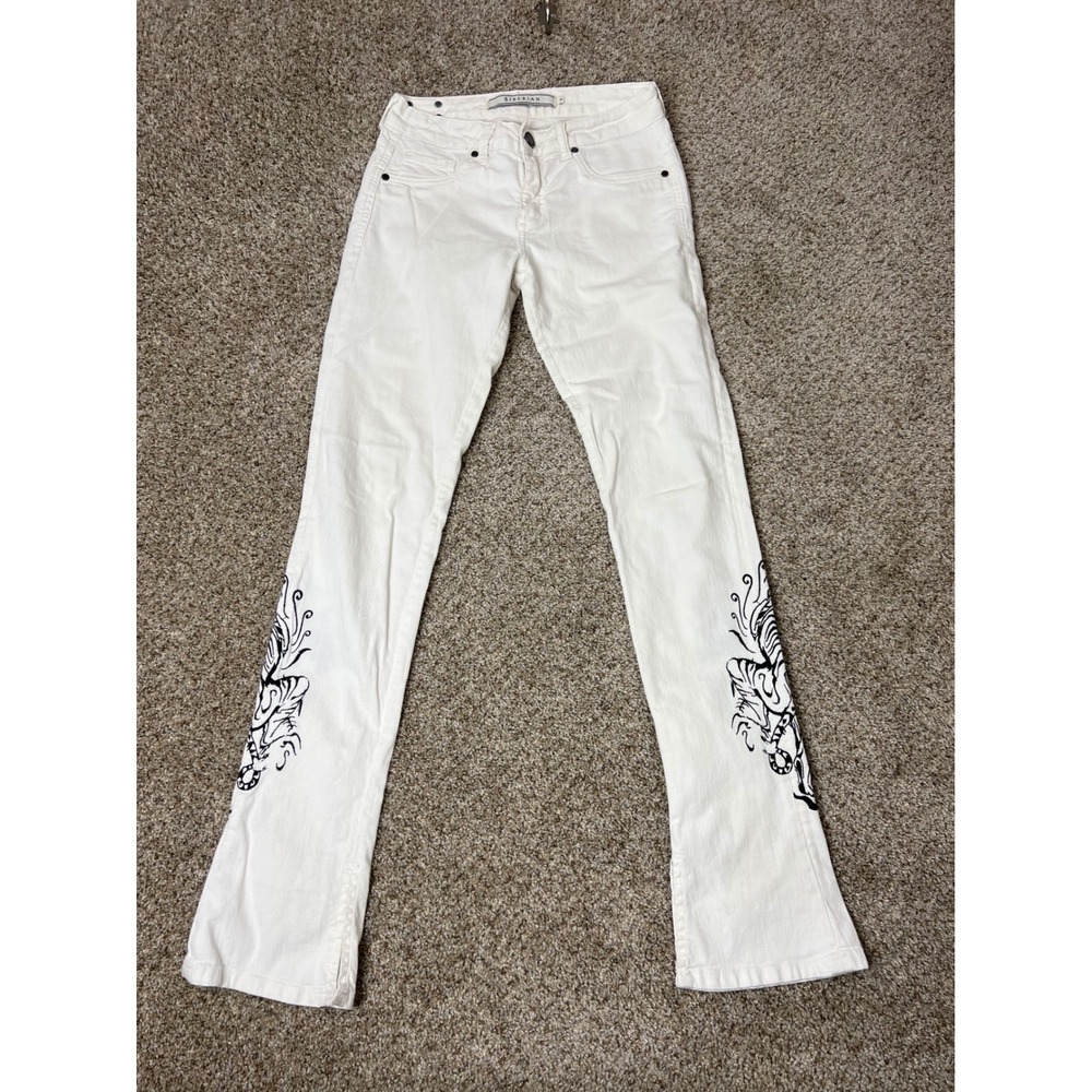 Siberian White Tiger Graphic Print Flare Jeans Low Rise Y2K Denim Size 38